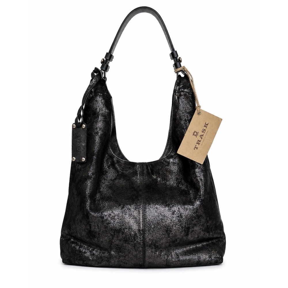Trask Cheyenne Black Metallic Italian Sheepskin Leather Hobo Bag NWT $395